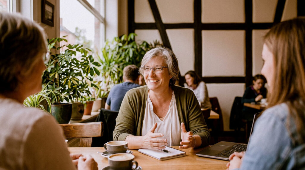 Ein Portrait der Geschäftsführerin von Strukturenwerk Martina Thum. Sie sitzt an einem Tisch mit zwei Gesprächspartnern gegenüber. Sie sitzen in einem Cafe und Unterhalten sich. Der Fokus liegt auf Frau Thum in der Mitte. Die Gesprächspartner sind etwas unscharf im Vordergrund an den Seiten des Fotos. Frau Thum lächelt und gestikuliert mit den Händen im Gespräch. Im Hintergrund sitzen noch Leute im Cafe an einem Tisch. Es sind grüne Pflanzen und ein Fachwerk zu sehen.